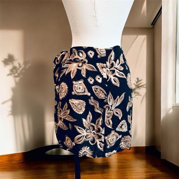 Vintage Judy Knapp Black Floral Mini Skirt Sarong Ruffle Wrap Small S - Picture 2 of 4